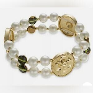 NEW Charter Club STRETCH BRACELET Imitation Pearl Gold Coin & Green Bead Two-Row